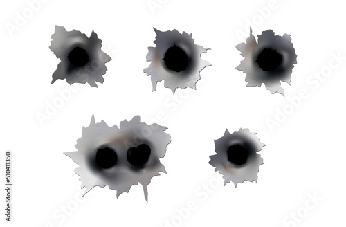 Bullet holes of gun or pistol. Shoot in metal single and double hole. Damage and cracks on surface. Vector isolated on background