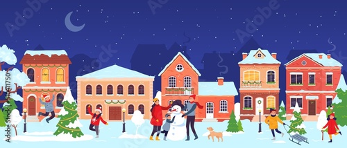 Christmas town. Old city street with people celebrating christmas and new year winter holidays. Cartoon children and family