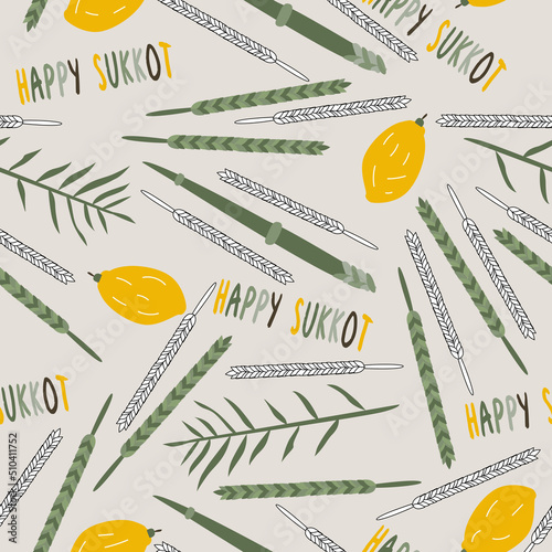 Traditional Jewish Holiday Sukkot. Hand drawn Sukkot symbols. Four species - etrog, willow, palm, myrtle. Seamless vector pattern.