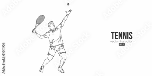 Abstract silhouette of a tennis player on white background. Tennis player man with racket hits the ball. Vector illustration