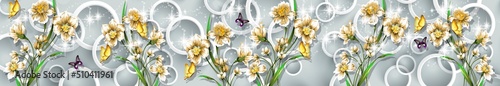 3d panoramic panel with 3d image for kitchen apron. Flower illustration for glass panel. 3d image.