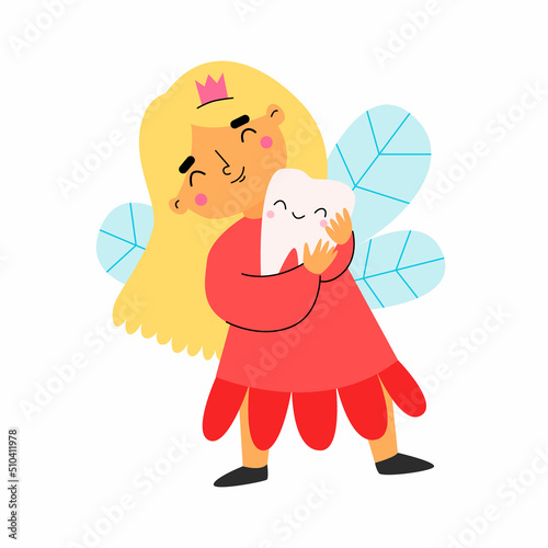 Cute tooth fairy hugs a tooth. Vector illustration