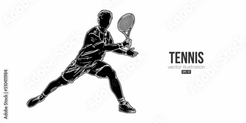 Abstract silhouette of a tennis player on white background. Tennis player man with racket hits the ball. Vector illustration