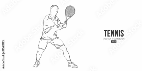Abstract silhouette of a tennis player on white background. Tennis player man with racket hits the ball. Vector illustration
