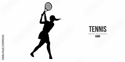 Abstract silhouette of a tennis player on white background. Tennis player woman with racket hits the ball. Vector illustration