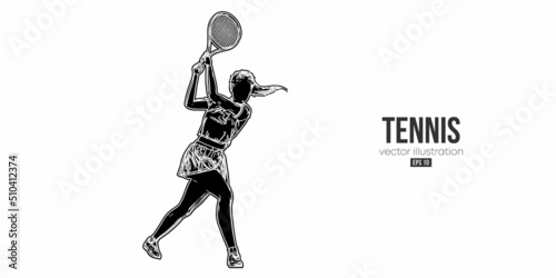 Abstract silhouette of a tennis player on white background. Tennis player woman with racket hits the ball. Vector illustration