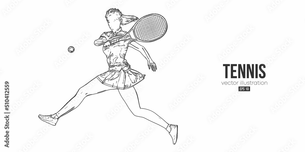 Abstract silhouette of a tennis player on white background. Tennis player woman with racket hits the ball. Vector illustration