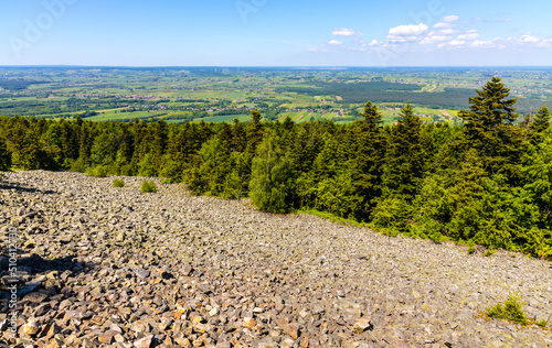 Fototapeta Naklejka Na Ścianę i Meble -  Panorama of Gory Swietokrzyskie Mountains and valleys with Goloborze Lysa Gora stone run slopes on Swiety Krzyz mount hilltop near Nowa Slupia village in Poland