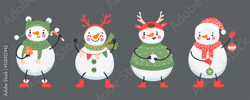 Cute christmas snowmen in winter clothes holding holiday attributes. Characters with cheerful expressions