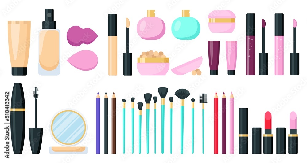 Big make up products cosmetics set. Beauty tools. Flat style. Isolated vector illustration Big make up products cosmetics set. Beauty tools. Flat style. Isolated vector illustration