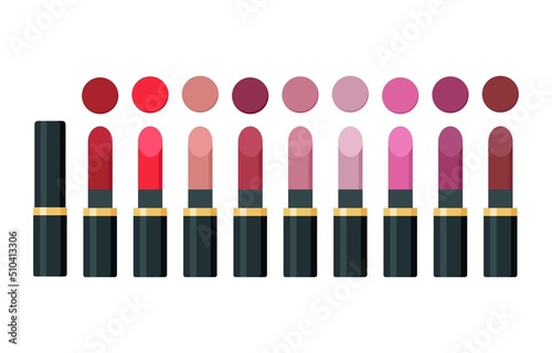 Lipstick and swatches set on white background. Isolated vector illustration
