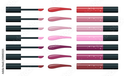 Glossy lipstick and swatches set on white background. Isolated vector illustration