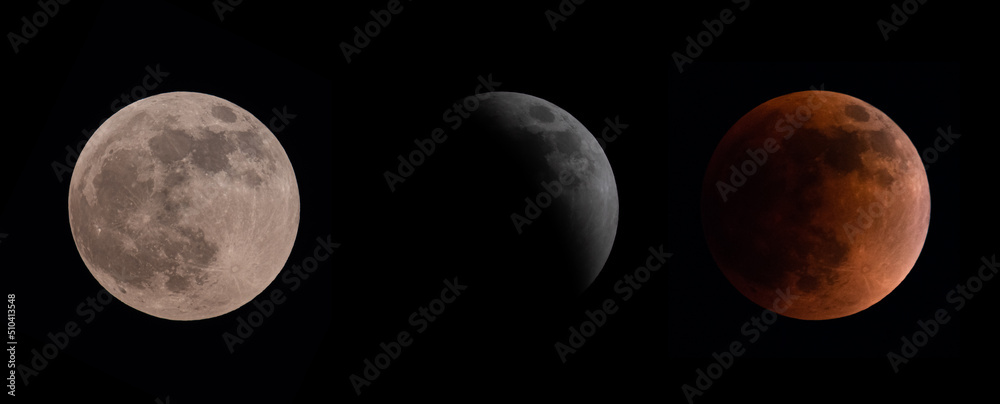 Obraz premium The moon in three phases: full, partially eclipsed and totally eclipsed