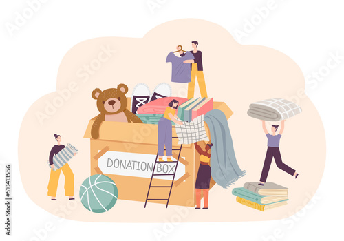 Donation, charity concept. Little female and male characters collecting necessary items to donation box