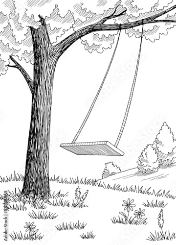 Tree swing graphic black white forest glade landscape vertical sketch illustration vector 