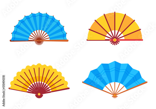 Handheld fan. Traditional chinese or japanese accessory. Open colorful asian culture souvenirs. Folding cooling hand fans