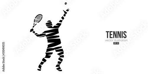 Abstract silhouette of a tennis player on white background. Tennis player man with racket hits the ball. Vector illustration