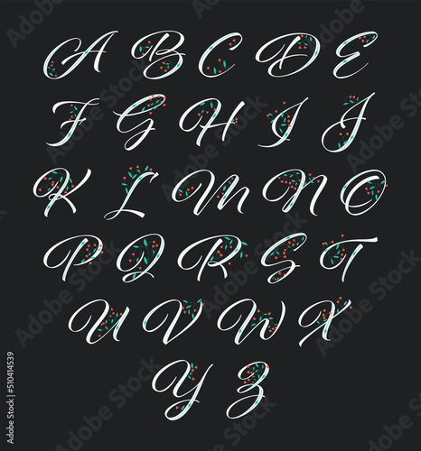 English alphabet decorated with flowers. Cute uppercase letters isolated on black background. Vector collection.