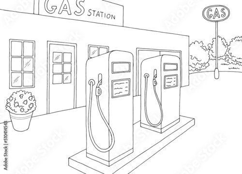 Old gas station exterior graphic black white sketch illustration vector