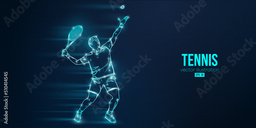Abstract silhouette of a tennis player on blue background. Tennis player man with racket hits the ball. Vector illustration