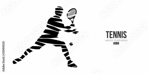 Abstract silhouette of a tennis player on white background. Tennis player man with racket hits the ball. Vector illustration