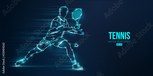 Abstract silhouette of a tennis player on blue background. Tennis player man with racket hits the ball. Vector illustration