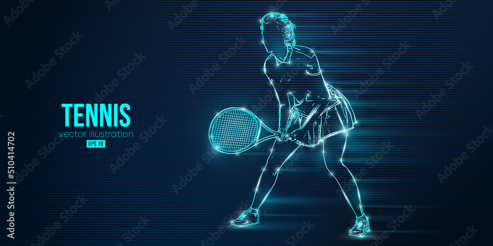 Abstract silhouette of a tennis player on blue background. Tennis player woman with racket hits the ball. Vector illustration