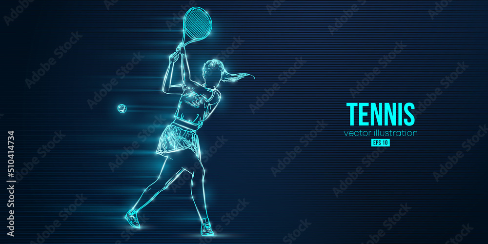 Abstract silhouette of a tennis player on blue background. Tennis player woman with racket hits the ball. Vector illustration