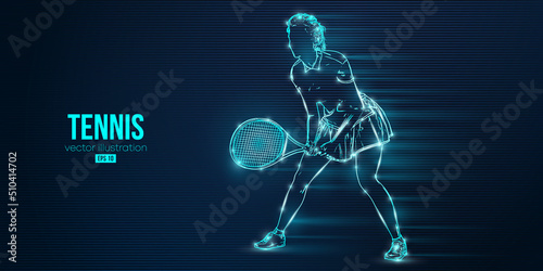 Abstract silhouette of a tennis player on blue background. Tennis player woman with racket hits the ball. Vector illustration