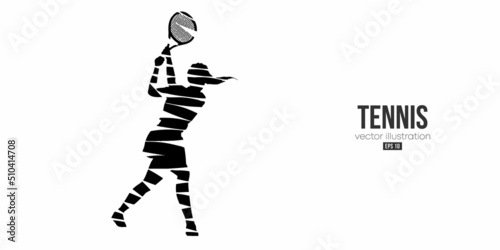Abstract silhouette of a tennis player on white background. Tennis player woman with racket hits the ball. Vector illustration