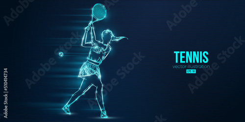 Abstract silhouette of a tennis player on blue background. Tennis player woman with racket hits the ball. Vector illustration © Yevheniia