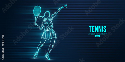 Abstract silhouette of a tennis player on blue background. Tennis player woman with racket hits the ball. Vector illustration
