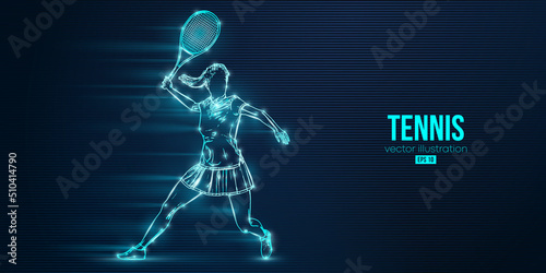 Abstract silhouette of a tennis player on blue background. Tennis player woman with racket hits the ball. Vector illustration