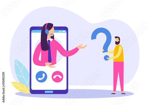 Online assistant communicating with clients over mobile phone. Call center operator answering questions and requests