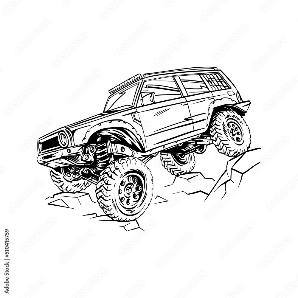Fototapeta premium Off road car sketch. Sticker design template. Vector illustration.