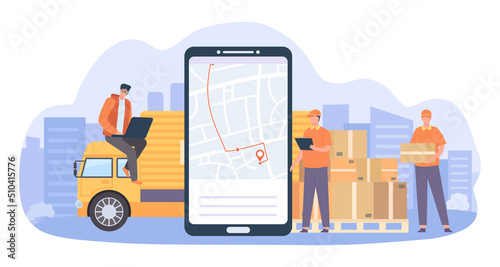 Online delivery service. Smartphone with gps navigation and tracking service for shipping company. Courier holding parcel