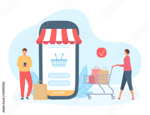 Online shopping. People buying goods using smartphone. Device screen with basket for purchases. Woman with bags