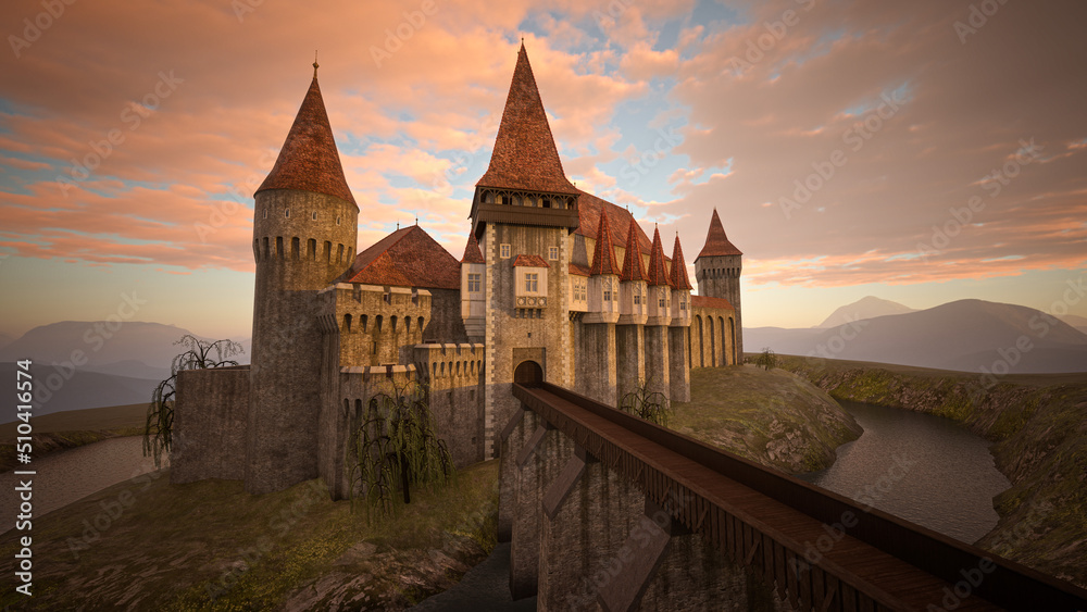 Medieval castle in remote landscape with bridge over a moat. 3D rendering.