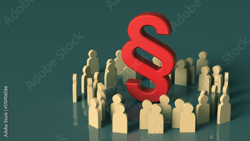 Huge red paragraph symbol rises above the wooden figures of men against a dark background. 3D rendering. Place for text or logo photo
