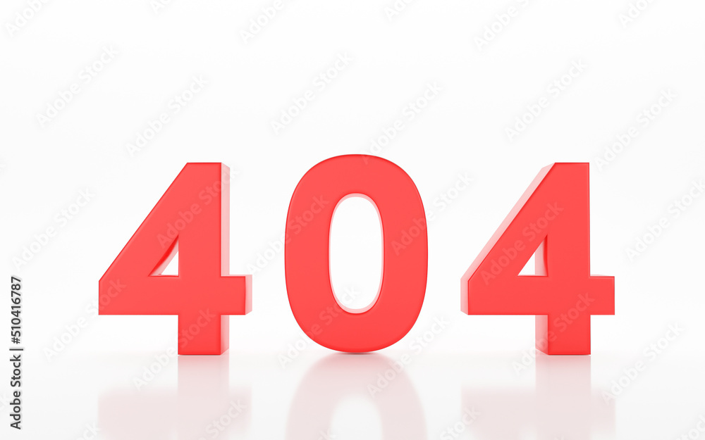 3D red 404 numbers on white background. Page not found, error web page concept. 3d rendering
