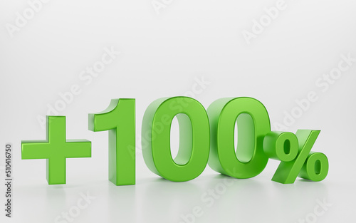 3D plus 100 percent isolated on white background. one hundred green and plus sign used in advertising banners. photo