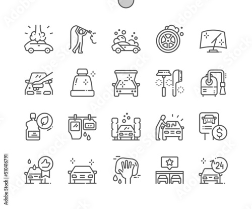 Car washing. Eco friendly material. Price, reviews about the service. Clean car. Pixel Perfect Vector Thin Line Icons. Simple Minimal Pictogram