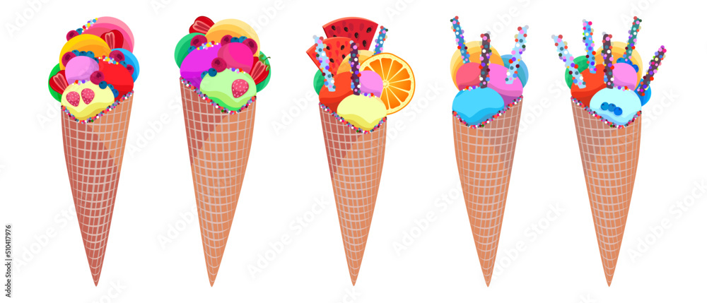 Set. Ice cream with fruit in balls in a waffle cup. Ice cream vector ...
