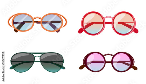 Cartoon summer sunglasses fashion designs. Modern colorful eyeglasses for protection from sunny weather
