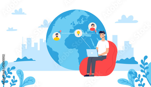 Team working remotely. Man in headset sitting on chair with laptop talking to colleagues from different locations