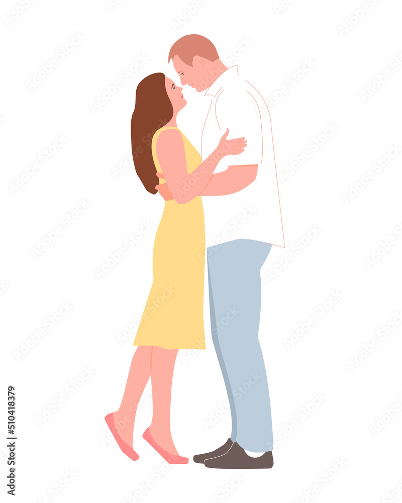 Man and woman looking into the each other eyes and hugging. Couple in love. Flat vector illustration. Man and woman looking into the each other eyes and hugging. Couple in love. Flat vector illustration.