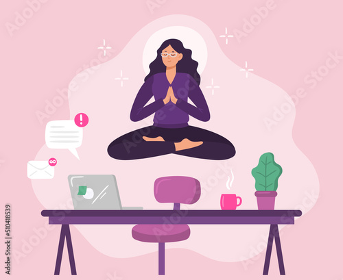 Office yoga. Employee levitating over workplace calming down stress. Woman relaxing during working time
