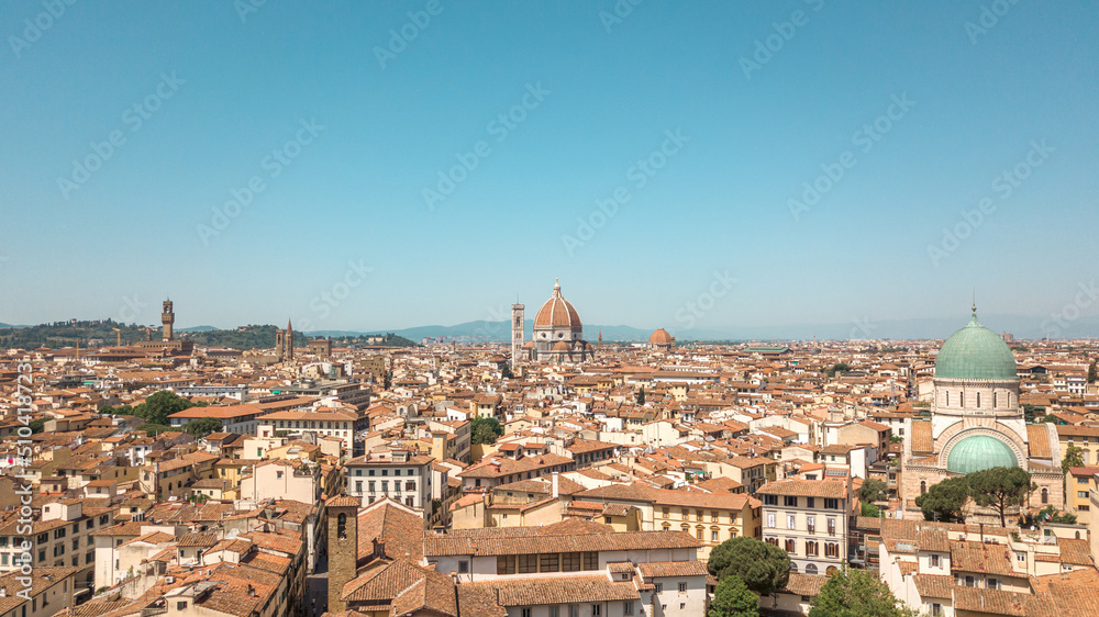 Aerial view of the city of Florence (Italy) shot with a drone.