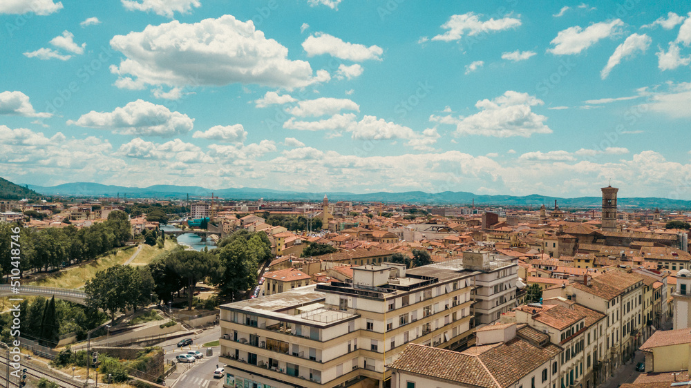 Aerial view of the city of Prato (Italy) shot with a drone.