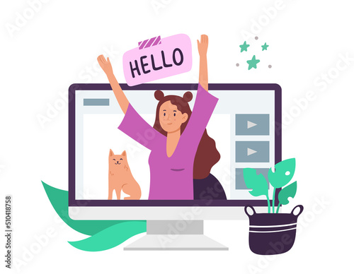 Video bloggers. Young girl on desktop computer screen greeting followers. Female character with cat having channel